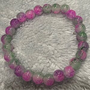 Vibrant Pink and Green Beaded Bracelet set of 2